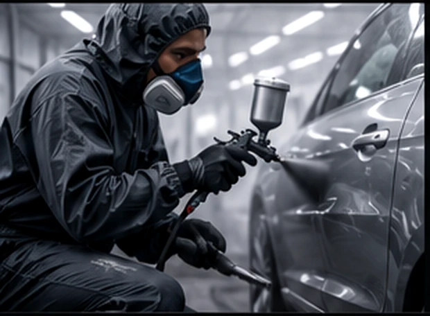 Professionnel appliquant une peinture automobile